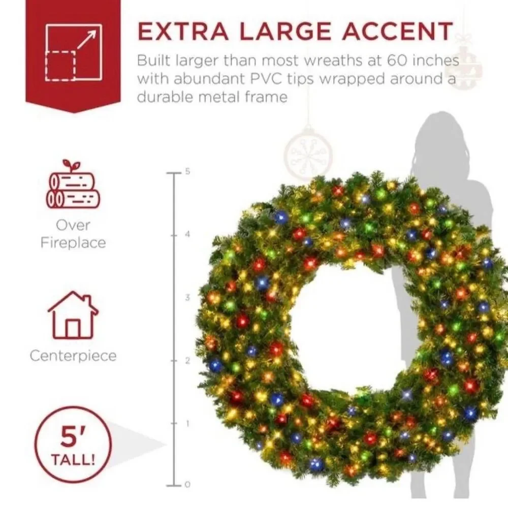 60 in. Artificial Pre-Lit Christmas Wreath with 300 Multicolored Lights 930 tips